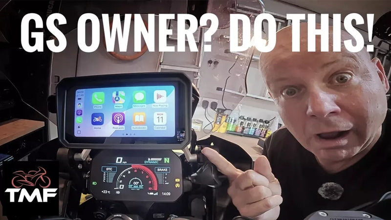 Man pointing at a motorcycle dashboard with a screen, with text 'GS OWNER? DO THIS!' and TMF logo.
